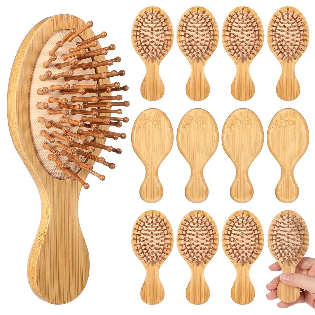 12 Pack Mini Bamboo Hair Brush Bulk, Bulk Natural Wooden Paddle Brush Detangling-Brush Paddle Mini Wood Hairbrushes Wood Hairs Brushs for Women Men Party Favors (Oval)