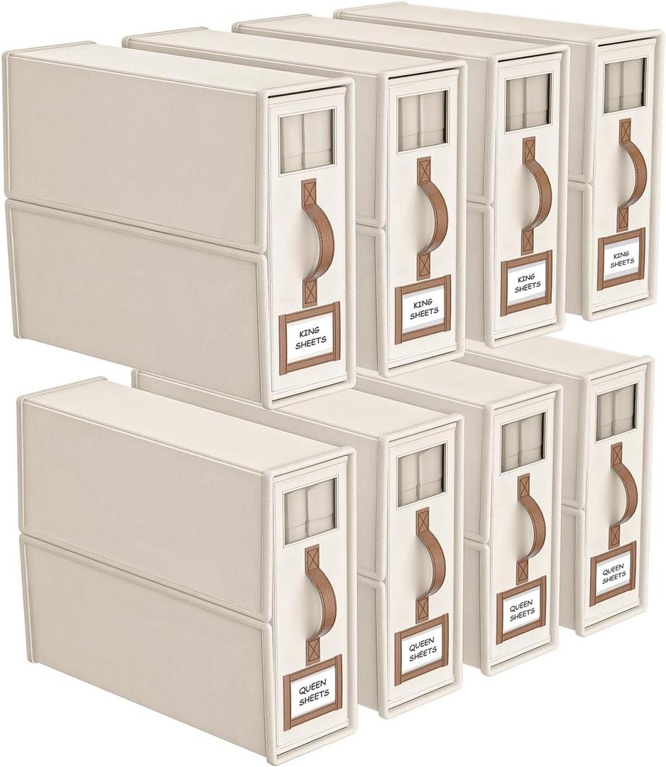 8 Pack Foldable Bed Sheets Set Organizers and Storage(King & Queen Size),Linen Fabric Closet Organizers with Window,Folding Bedding Storage Box for Bedsheets and Pillow Cube Organizer-Beige