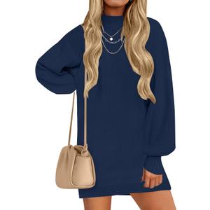 ZESICA Women's 2025 Fall Turtleneck Sweater Dress Oversized Long Lantern Sleeve Casual Knit Pullover Mini Dresses Navy Small