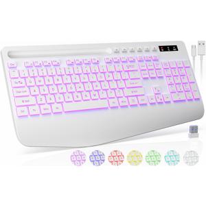 Wireless Keyboard with 7 Colored Backlit, Wrist Rest, Phone Holder, Rechargeable Ergonomic Computer Keyboard with Silent Keys, Full Size Lighted Keyboard for Windows, MacBook, PC, Laptop (White)