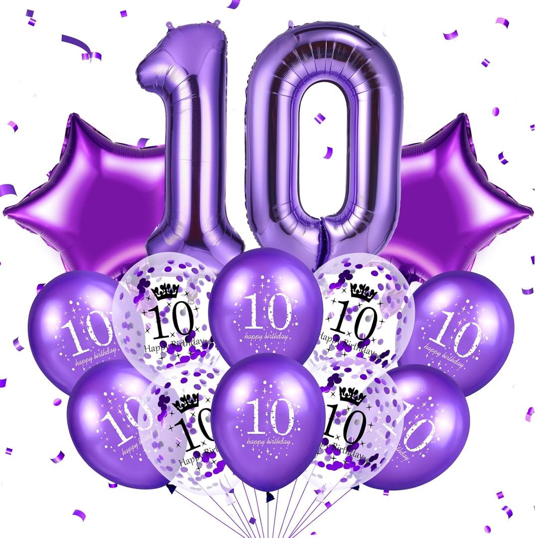 Purple 10th Birthday Balloons Decorations 40 Inch Large Number 10 Balloons Star Balloons Happy 10th Birthday Confetti Latex Balloons for Girls Boys 10 Years Old Anniversary Christmas Party Supplies