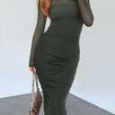 REORIA Women's Summer Mesh Sheer Short Sleeve Midi Ruched Bodycon Dress Mock Neck Elegant Evening Party Cocktail Dresses (Green, L)