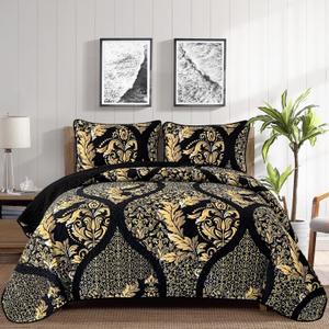 Black Quilt Set Queen Size, Boho Gold Damask Bedspread Coverlet Set Soft Lightweight Microfiber Luxury Bedding Set 3 Pieces for All Season (96"x90")