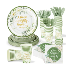 350 Pcs Eucalyptus Leaves Bridal Shower Paper Plates Napkins Cups Disposable Sage Green Tableware Set With Knives Forks Cheers to Love Party Favors for 50 Guest Wedding Engagement Decor