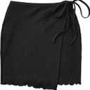 WDIRARA Women's Cover Up Wrap Skirt High Waisted Knot Side Asymmetrical Wrap Skirt Split Lettuce Trim Beach Mini Skirt (Medium, Black)