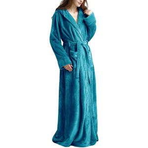 Flygo Womens Fuzzy Plush Long Hooded Robe Full Length Flannel Fleece Bathrobe Warm Housecoat (X-Large, Turquoise)