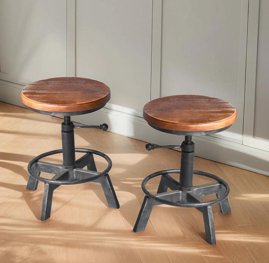 Set of 2-Industrial Bar Stool-Counter Height Chairs- Swivel Wooden Seat- Adjustable 15.2-21" (Silver)