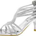 SheSole Women's Low Heel Dance Wedding Sandals Strappy Dress Shoes Silver Gold Heel (9.5)