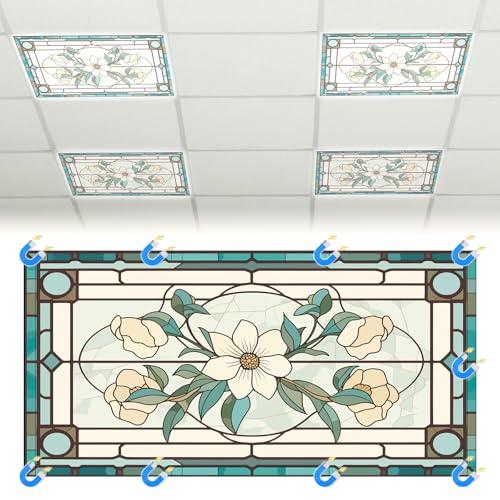 Glooglitter 4 Pcs Retro Floral Fluorescent Light Covers 4 x 2 ft Stained Glass Magnetic Office Light Cover for Ceiling with 10 Magnets Filter Reduce Glare for Classroom School Home