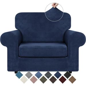 WEERRW Velvet Stretch Chair Sofa Slipcover - 2 Pieces Luxury Soft Velvet Plush Couch Cover Furniture Protector with Elastic Bottom for Pets, Machine Washable, Navy Blue, Small