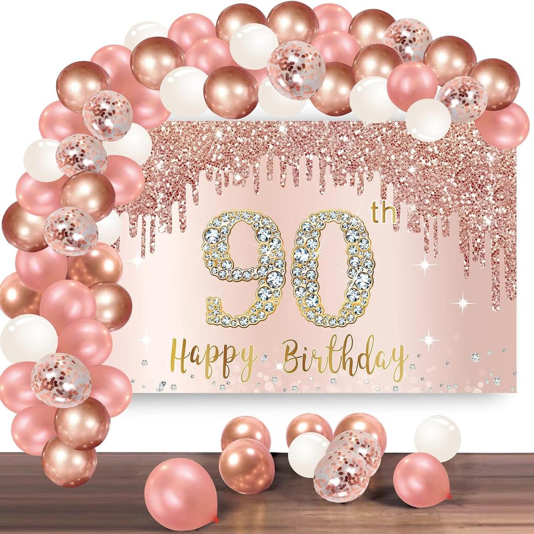Happy 90th Birthday Banner Backdrop Decorations with Confetti Balloon Garland Arch, Rose Gold 90 Birthday Banner Balloon Set for Women, Pink 90 Year Old Bday Poster Photo Booth Decor
