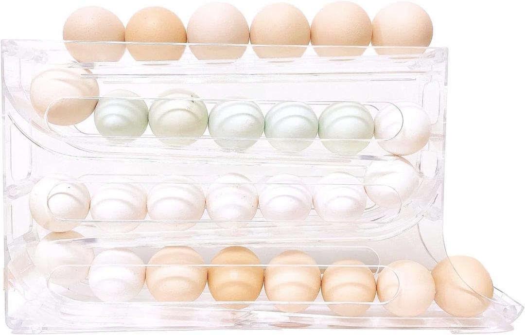 4 Tiers Egg Holder for Fridge Space-Saving Egg Dispenser Holder for Refrigerator Auto Rolling Egg Organizer Egg Rack (Clear)
