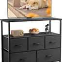 DUMOS TV Stand Dresser for Bedroom with 5 Fabric Drawer,Entertainment Center for 45 inch Television, Media Console Table with Storage, Open Shelf, Adjustable Feet, Living Room Furniture, Blac (11.8"D x 39.4"W x 31.9"H (5 Drawers), Black)