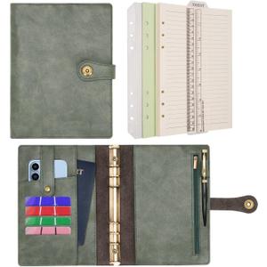 Wonderpool A5 Binder Journal Leather Spiral Notebook Refillable College Ruled Paper, Budget Binder Rings Diary Organizer with Pen for Office School Travel Business Planning Writing (Green,A5)