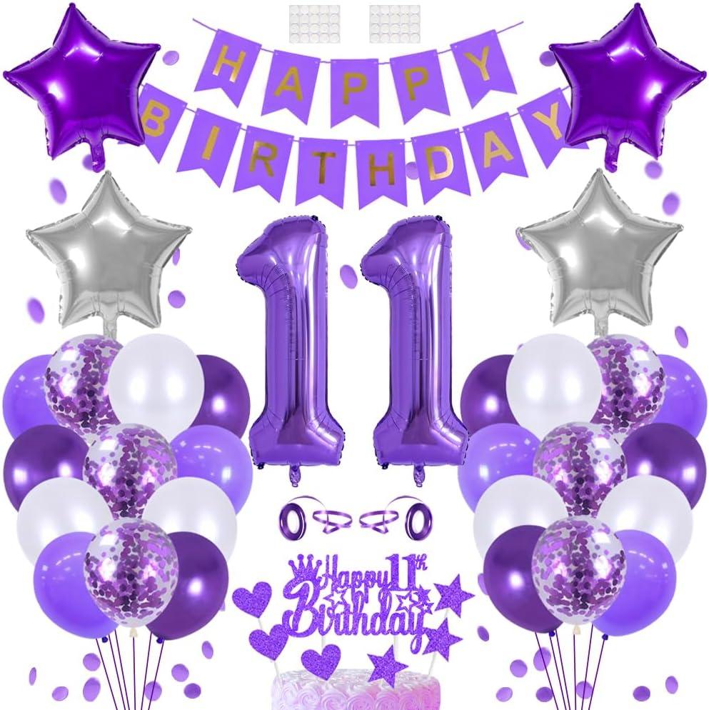 11 Birthday Decoration Happy Birthday Banner Balloons Garland Cupcake Toppers Purple Number 11 Helium Balloon Birthday Decorations for 11 Year Old Boy Girl Birthday Party Supplies Photo Backdrop