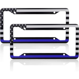 Thin Blue Line Black American Flag License Plate Frame, American Flag Car Tag Frame, Back and Front License Plate Frame 2 Pack
