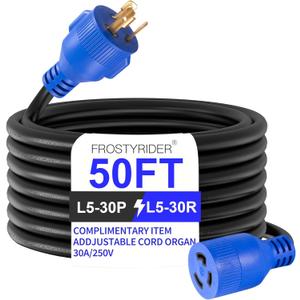 3 Prong 30 Amp 50 Foot Generator Extension Cord, NEMA L5-30P/L5-30R, 125/250V Up to 7500W 10 Gauge SJTW Generator Cord, ETL Listed