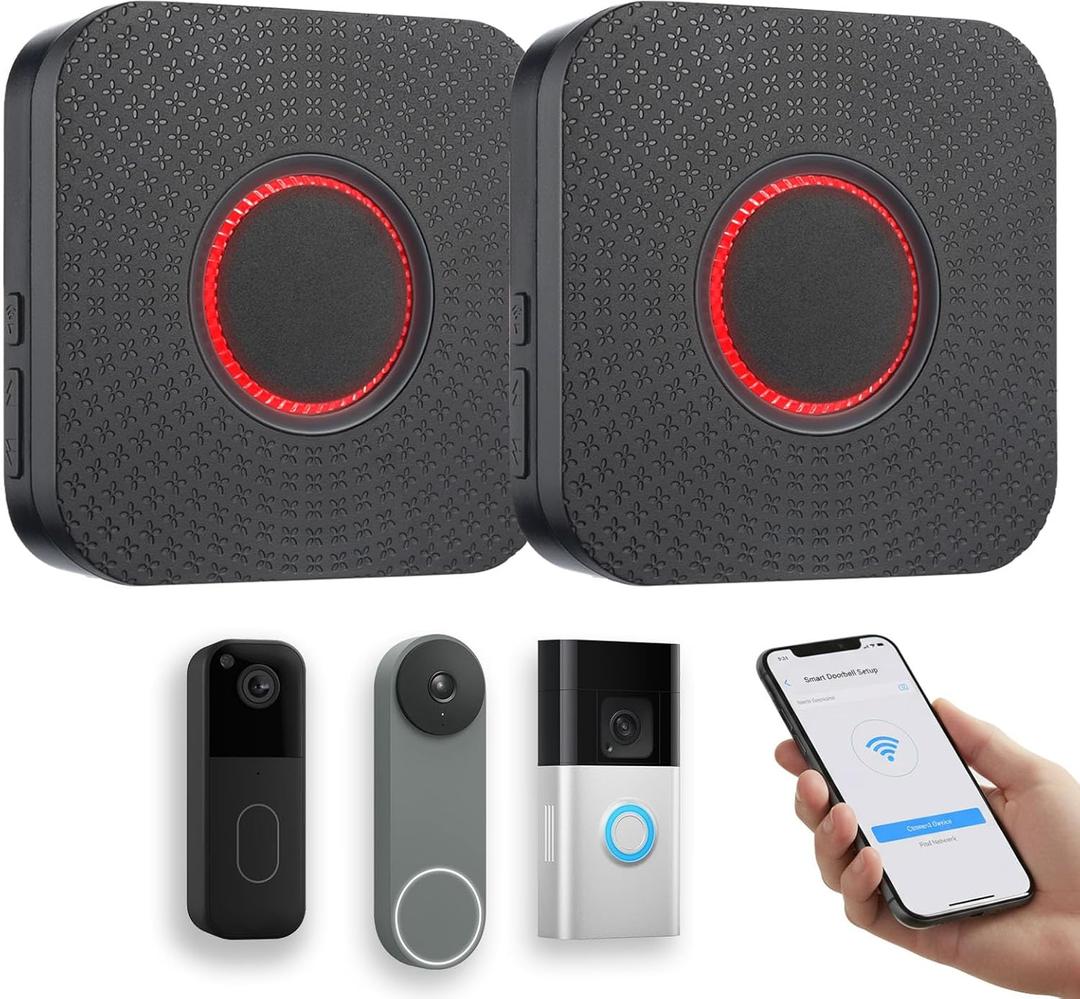 Wi-Fi Smart Wireless Doorbell Chime for Ring, Blink, Google Nest, Easy Setup, No Wiring Needed, No Range Limits, 5 Volumes, 32 Chimes, 2-Pack, Black