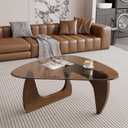 Modern Glass Coffee Table, Triangle Center Table with Tempered Glass Top& Unique Wooden Base, 35.5 Mid Century Tea Tables for Living Room, Apartment, Office,Walnut & Brown