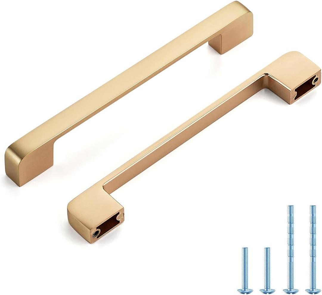 Brushed Brass Cabinet Pulls 6-1/4 Inch Hole Spacing Wide Base Kitchen Cabinet Handles for Drawers 6 Pack