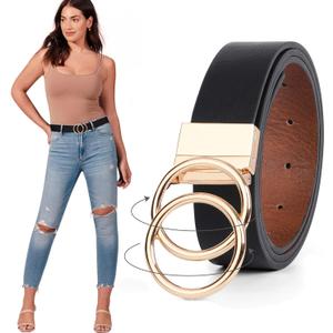 JASGOOD Women Leather Belt,Reversible Belt,Leather Waist Belt for Jeans Dress with Gold Double O Ring Rotate Buckle (Length 37":Fit Size 28"-32")