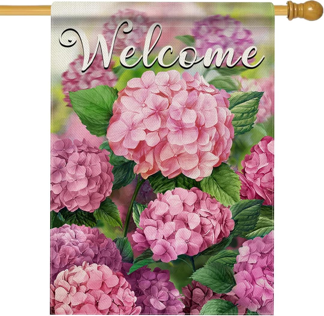 Hzppyz Welcome Spring Summer Hydrangea House Flag Double Sided, Pink Floral Flower Decorative Garden Yard Outdoor Large Decor, Seasonal Burlap Home Outside Decoration 28 x 40