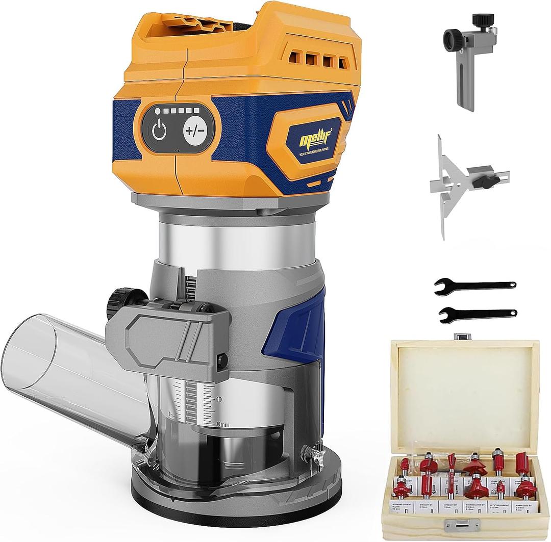 Cordless Brushless Compact Router,Compatible with Dewalt 20V Battery(Bare Tool),Palm Router with 5 Speed,28000RPM 600W w/Fixed Base, 12PCS 1/4" Router Bits for Woodworking, Edge Trimming, Grooving