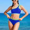 Redair Girls Swimsuit Two Piece One Shoulder Bathing Suit with Chest Pad Color Block Bikini 7-16 Years