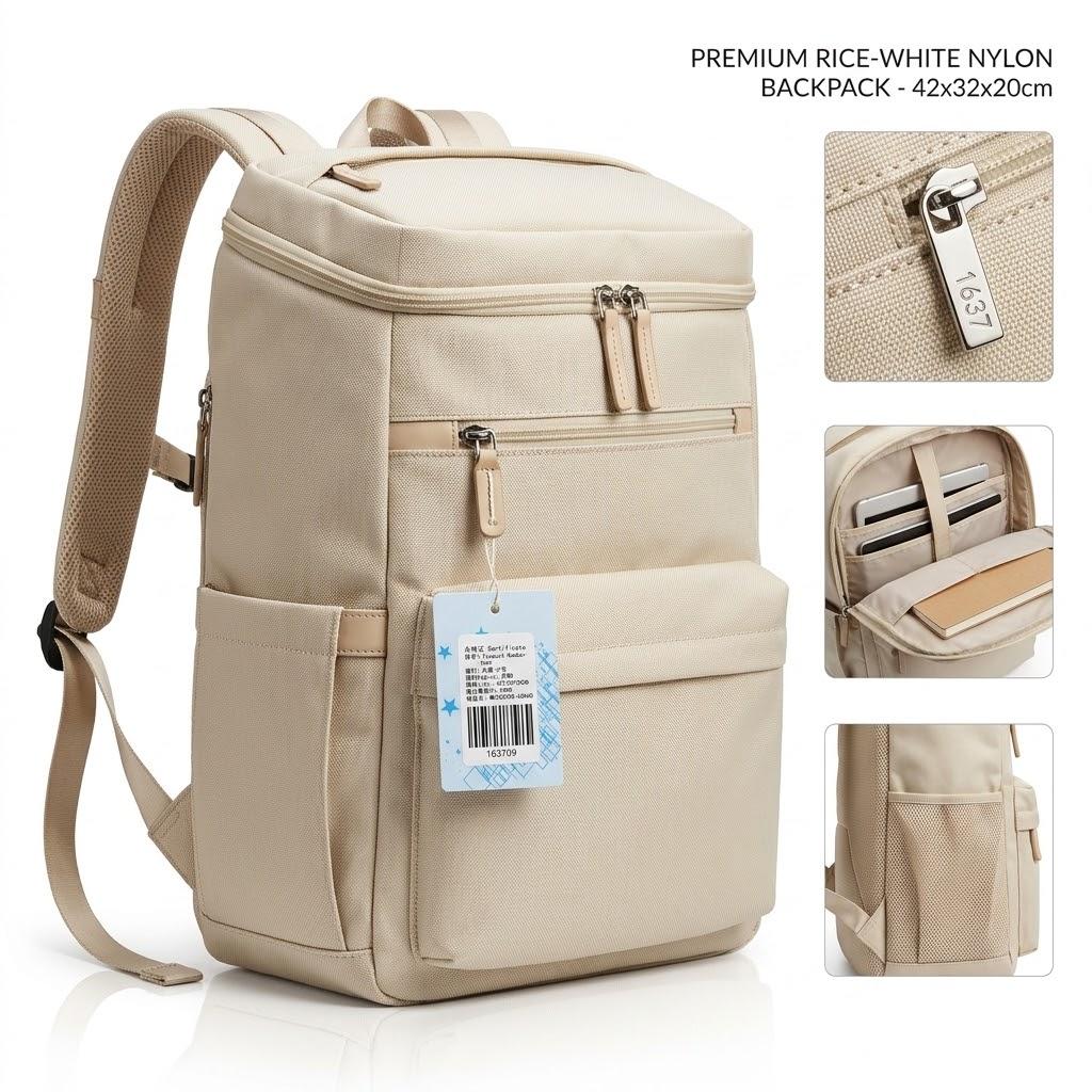 Rice White Nylon Travel Backpack / Daypack (Size 42x32x20 cm)