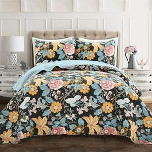 Lush Decor Sydney Reversible Cotton Quilt Set, 3 Piece Set, King, Black & Blue - Cotton Bedding Set - Black Floral Quilt - Cottage Decor - Bedding King Size