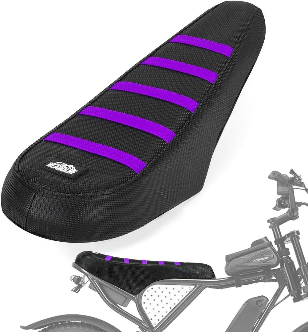 Ebike Seat Cover Upgraded for Ridstar Q20/Q20 pro EBikes Waterproof Non-Slip Seat Cover with Elastic Strap Seat Covers for Electric Dirt Bike (Black with Purple Ribs)