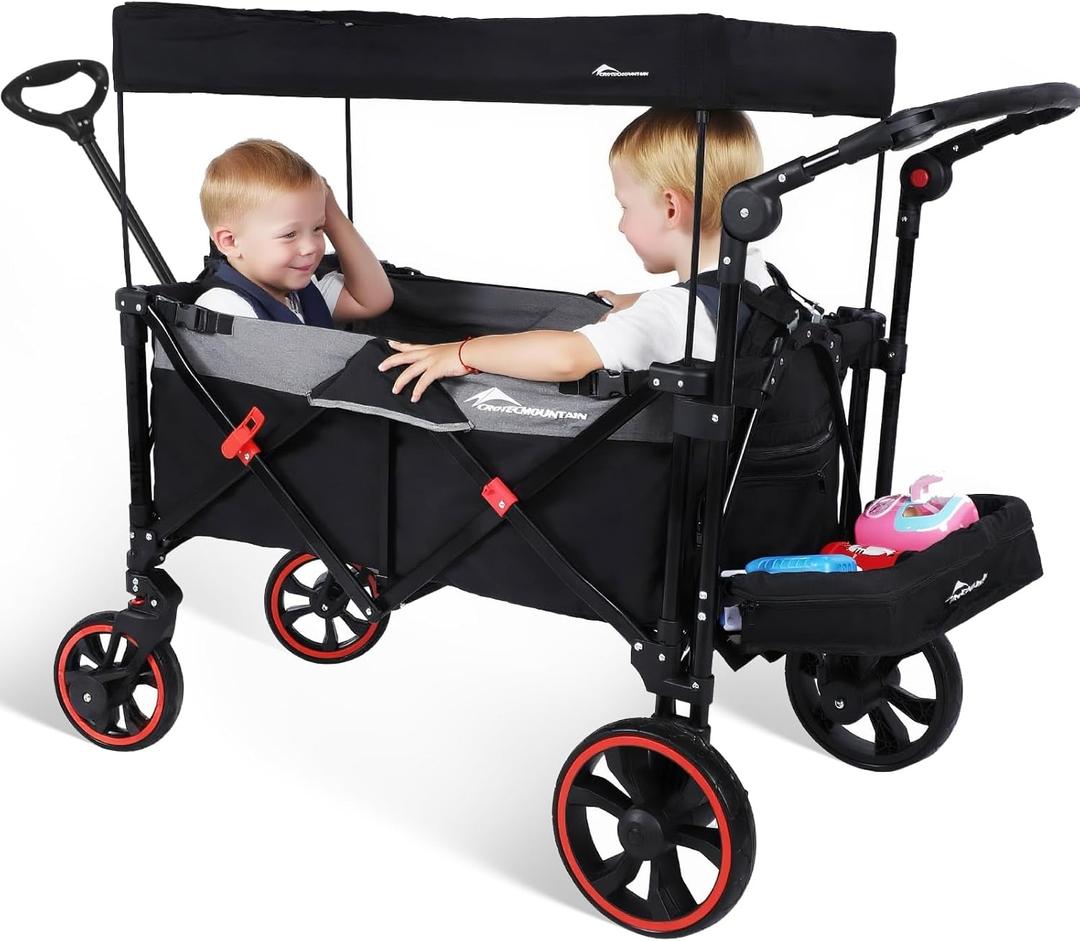 Stroller Wagon with 330LBS, All-Terrain Foldable Wagons for 2 Kids with Removable Canopy, Adjustable Push/Pull Handle for Shopping & Camping, Shock-Absorbing Wheels, Harness Shipped Separately-Black