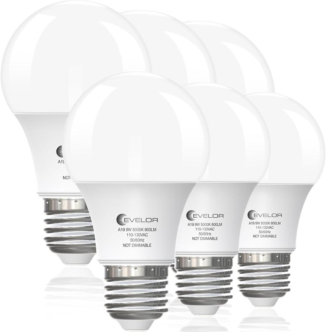 Evelor 6-Pack A19 LED Light Bulbs,60 Watt Equivalent Daylight 5000K with E26 Base,Efficient 9W,800 Lumens Non-Dimmable LED Bulbs,15000 Hours, Ideal for Bedroom Living Room