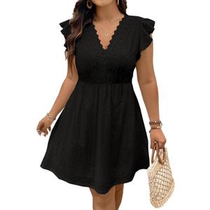 Eytino Plus Size Dresses for Women Summer Ruffle Cap Sleeve Lace V Neck Embroidery Eyelet A Line Dress (4X)