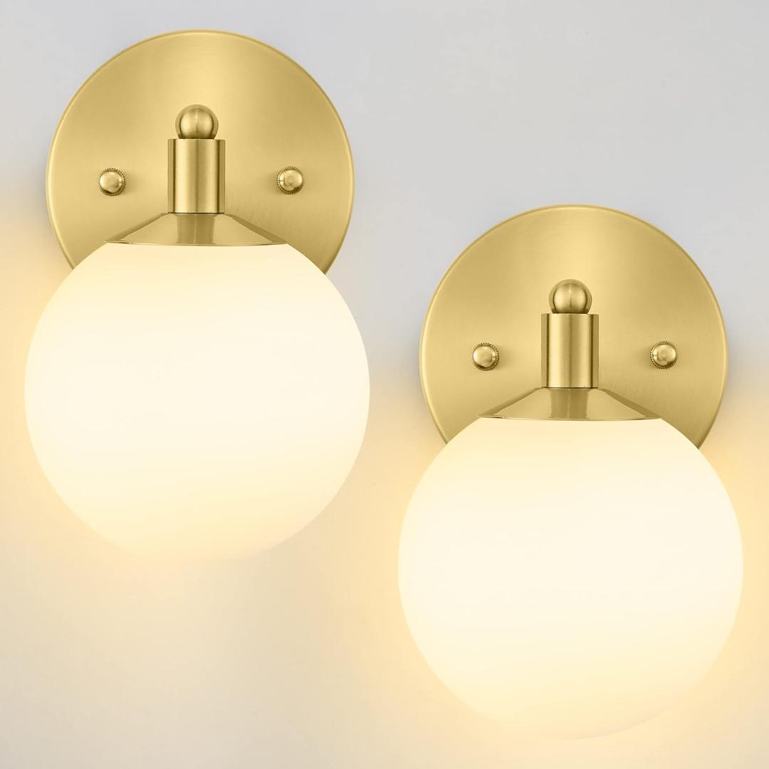 Frosted Wall Sconce Set of Two, Mid Century Brass Bathroom Sconce, Modern Gold Vanity Light, Brushed Gold Sconce Lighting
