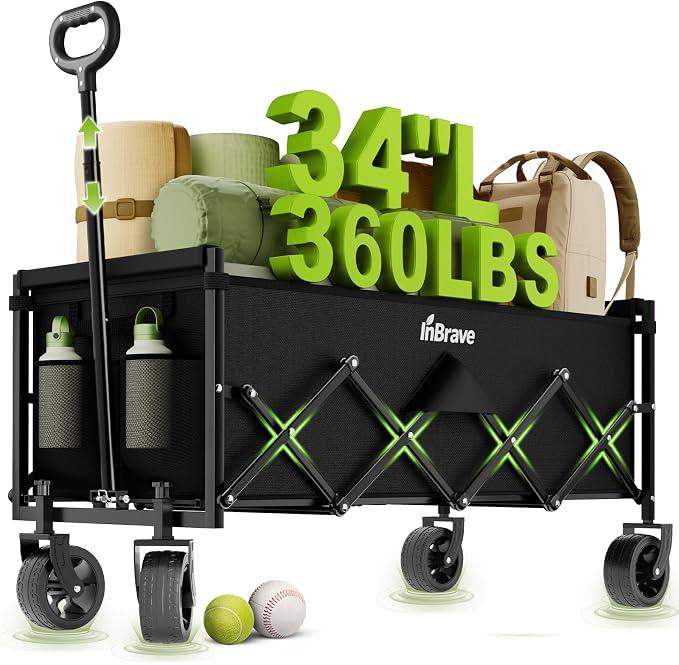 34" Extra Long Collapsible Wagon Cart, 360LBS Capacity, Black | Foldable Utility Cart with Wheels, Heavy-Duty, for Shopping/Grocery/Garden/Sports/Camping, 130L Storage, 600D Oxford