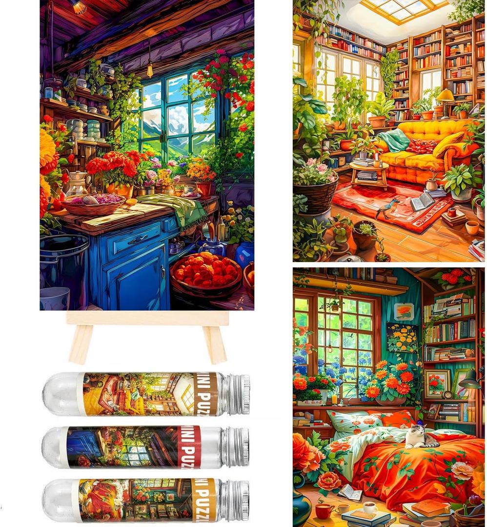 Small Jigsaw Puzzles for Adults 150 Pieces Vintage Kitchen Bedroom Living Room Mini Jigsaw Puzzles Challenging 6 x 4 Inches, 3 Pcs,Mini Easel Included