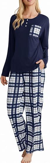 FLYCURVY Women's Pajama Sets 2 Piece Long Sleeve Sleepwear Soft Pj Set Loungewear Plaid Pjs with Pockets, Smal