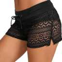 Lace Swim Shorts Drawstring Bathing Suit Shorts Board Shorts Bottoms Hollow Swimsuit Boy Shorts Small, Black 