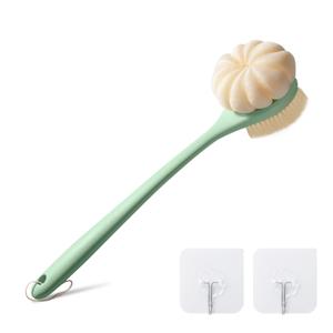 QBN Bath Brush Long Handle for Shower, 15.7" Back Shower Brush with Bristles and Loofah, Back Scrubber for Cleanse Back and Hard to Reach Areas with Curved Long Handle, Men and Women