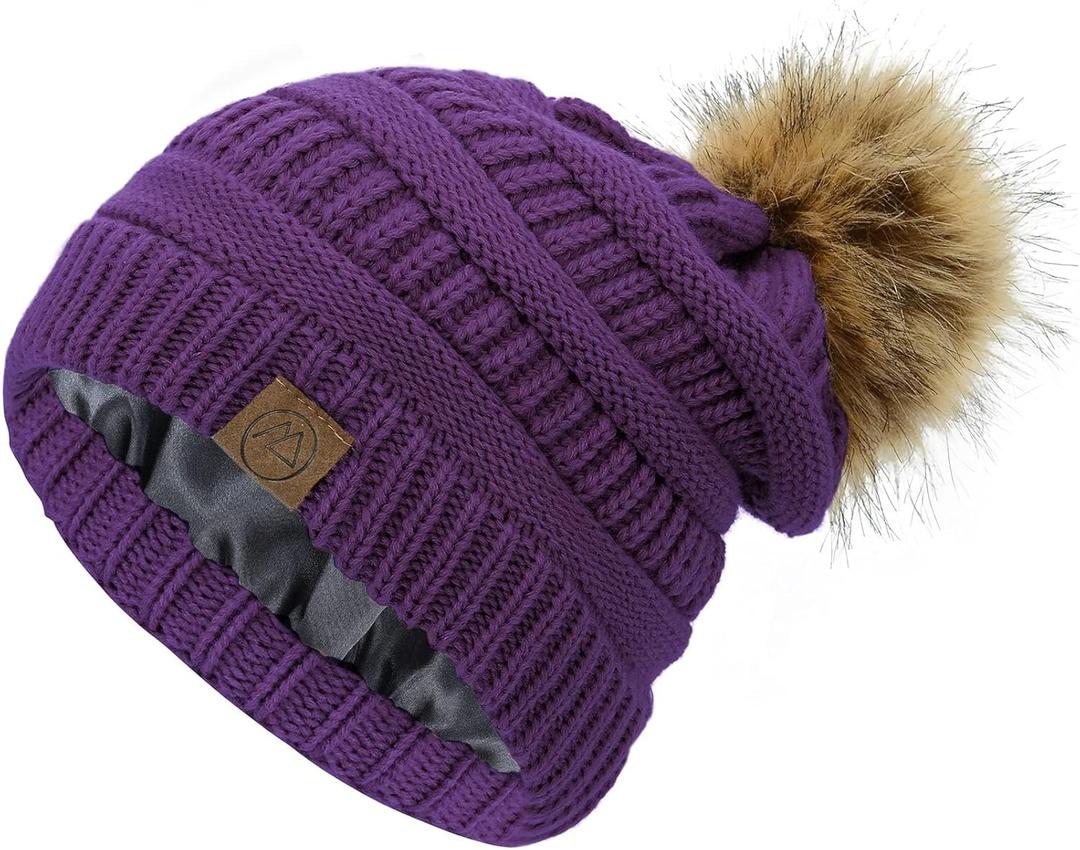 Durio Satin Lined Beanie Pom Pom Satin Lined Winter Hats for Women Warm Beanie Hats for Women Thick Womens Winter Hats (One Size, Purple)