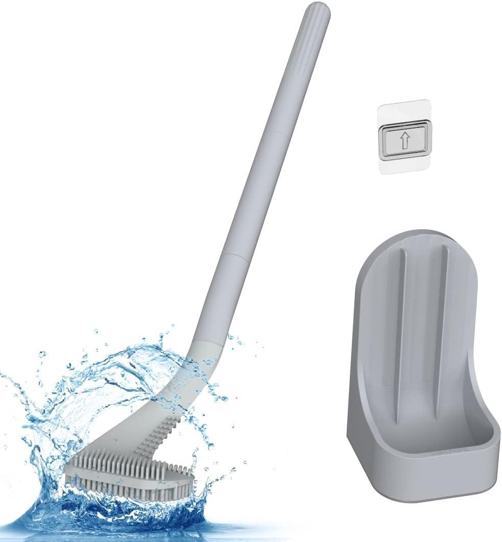 Toilet Brush, Long Handle Golf Toilet Brush with Holder 360 Deep Cleaning Flexible Silicone Toilet Cleaner Brush Wall Mounted for Bathroom (Grey) (Gray)
