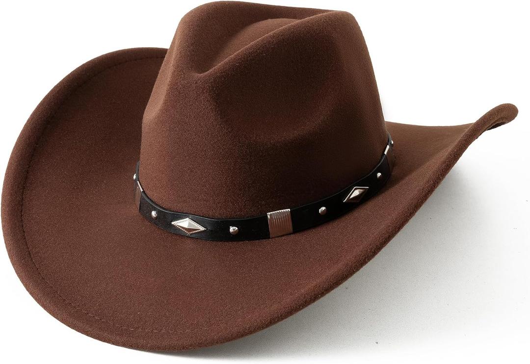 Lanzom Women Men Classic Felt Wide Brim Western Cowboy Cowgirl Hat with Belt Buckle (Brown, L)