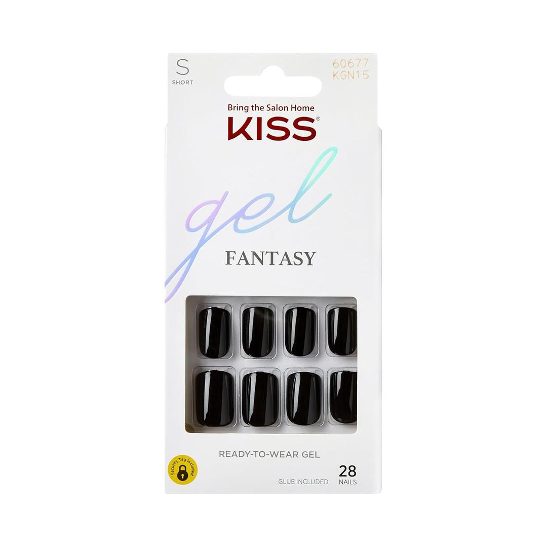 KISS Gel Fantasy, Press On Nails, Nail glue included, 'Aim High', Black, Short Size, Squoval Shape, Includes 28 Nails, 2g glue, 1 Manicure Stick, 1 Mini File
