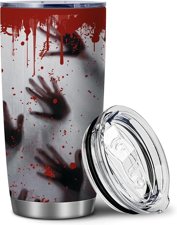 Horror Vibes Tumbler 20oz Insulated Coffee Mug with Lid Creepy Retro Carpet Style Travel Cup Scary Gift for Men and Movie Fans (Red)