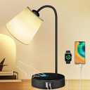 Gffuniy Touch Table Lamps for Bedroom, 3 Way Dimmable Bedside Lamp for Nightstand with USB C+A Ports and Outlet, 360°Adjustable Desk Lamp with Fabric Shade for Living Room, Home, Office