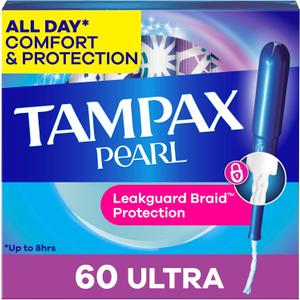 Tampax Pearl Tampons for Women, with LeakGuard Braid, Ultra Absorbency, Unscented, 60 Count