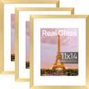 Upsimples 11x14 Picture Frame Set of 3, Made of High Definition Glass for 8x10 with Mat or 11x14 Without Mat, Wall and Tabletop Display Photo Frames, Gold