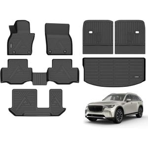 ANBINGO® Floor Mats & SeatBack Cargo Liner for CX90 2024 2025 2026/7 Passenger / 2nd Row with Bench Seat / (50/50 Velcro Tape Fixed Backmats) TPE 3 Rows Waterproof CX-90 Car Mat