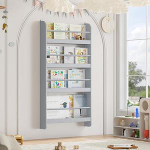 FOTOSOK Kids Bookshelf, Wall Mount 4-Tier Book Shelf Organizer for Toys and Books, Toy Storage Bookshelf in Bedroom, Living Room and Nursery, Grey, Single One